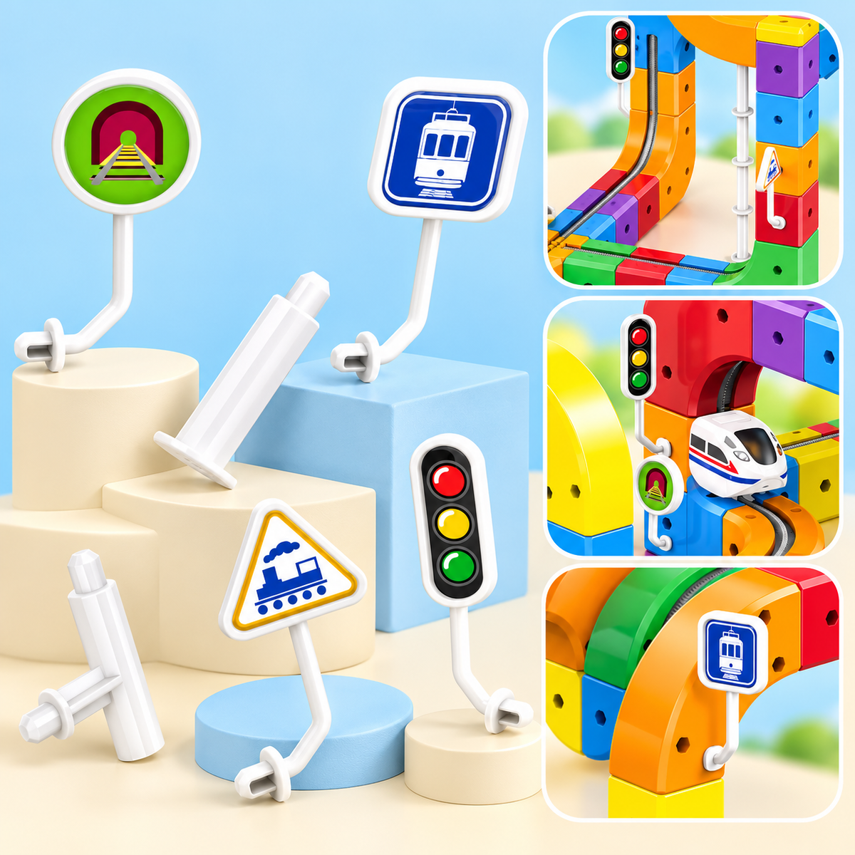 A children's toy traffic and transit set shown on pastel display blocks, with three inset close-up views on the right showing assembled tracks, a train on a curved track, and a train sign. The set includes white signal posts, colorful track blocks, a round tunnel sign, a train sign, a traffic light, and a warning triangle sign.