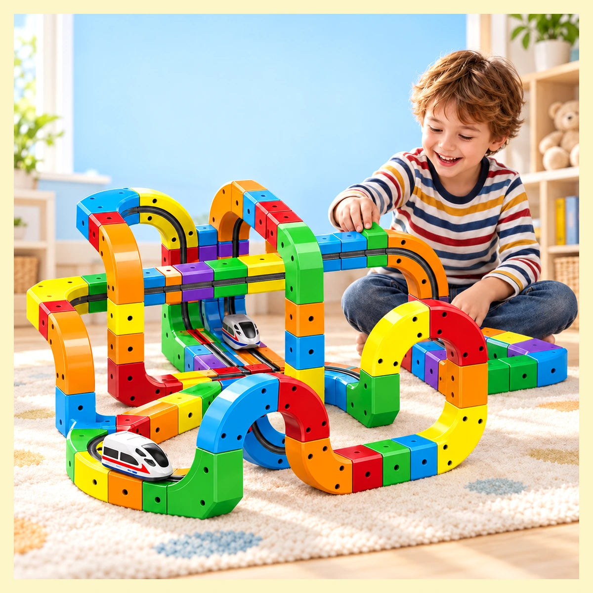 Child playing with magnetic train track