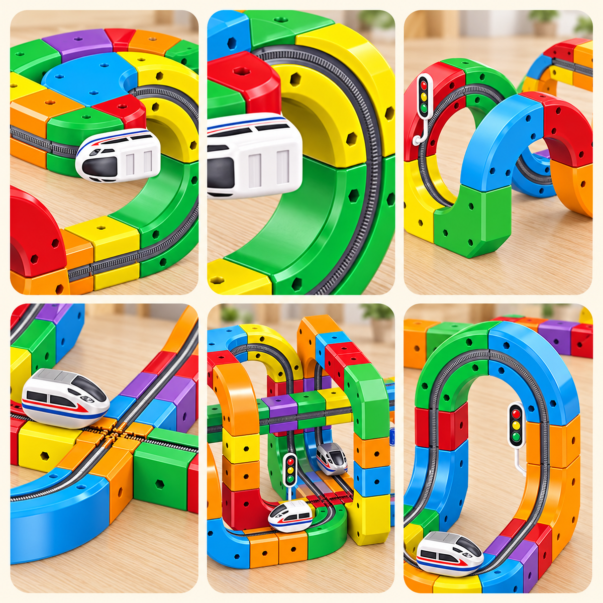 A 6-panel collage showing colorful toy building blocks arranged into loops, tunnels, and elevated tracks, with small white toy trains on the rails. 